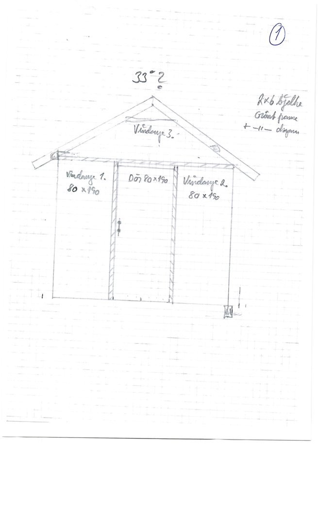 Håndtegnet oppriss (fasadetegning) av en bygning med angitte vindus- og døråpninger.