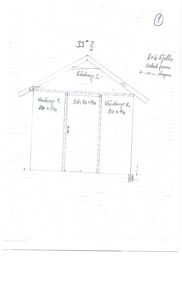 Håndtegnet oppriss (fasadetegning) av en bygning med angitte vindus- og døråpninger.