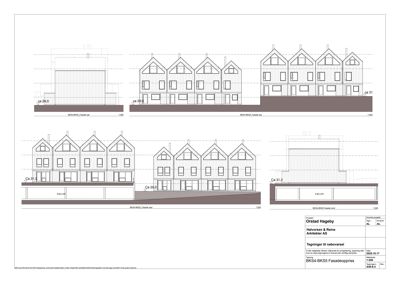 Fasadetegning som viser fronten på en rekkehusbebyggelse med høydeangivelser og arkitektoniske detaljer.