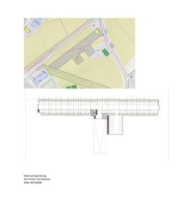 Bildet viser en situasjonsplan (tomtekart) med bygningsplassering, veier og terrengkonturer, samt en mindre etasjeplan under.