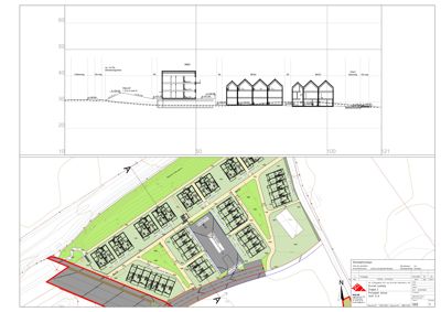 Situasjonsplan som viser tomtens beliggenhet, nabolag, veier, og plassering av flere hus med tilhørende arealer.