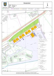 Situasjonskart som viser tomtens grenser, nabolag, veier og plassering av planlagte bygninger med arealopplysninger.
