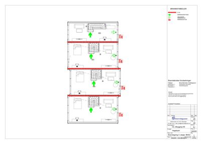 Etasjeplan med brannsymboler og brannsikringsforhold