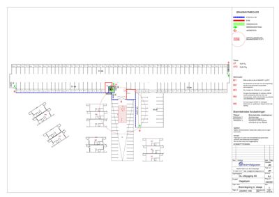Etasjeplan (Brannetegning) som viser romfordeling, brannsikkerhet og tekniske detaljer for et bygg.