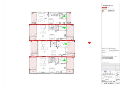 Etasjeplan med brannsymboler og brannsikringsforhold
