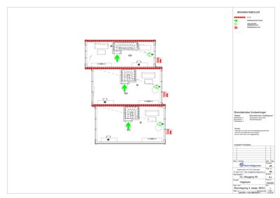 En teknisk tegning som viser brannsymboler og brannsikringstiltak for et bygg (Hagetøyen).