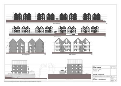 Fasadetegning (oppriiss) av en rekkehusbebyggelse med visning av fasadevarianter og detaljer.