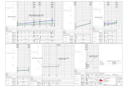 Tegning som viser detaljerte snitt og traseer (Trase 1-1, 1-2, 2-2, 3, 4) for en bygning, med opplysninger om grunnforhold, dyp og konstruksjonsdetaljer.