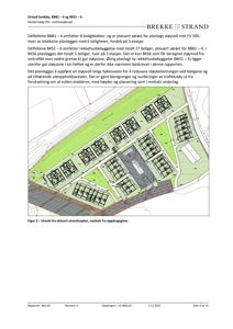 Et utsnitt fra en skissert utomhusplan som viser plassering av boligblokker, veier og grøntområder.