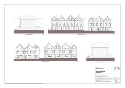 Fasadetegning som viser oppriss av en rekkehusbebyggelse med detaljer om vinduer, dører og takform.