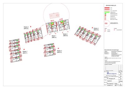 Plantegning som viser romfordeling og brannsymboler for etasje 1 i et boligprosjekt.