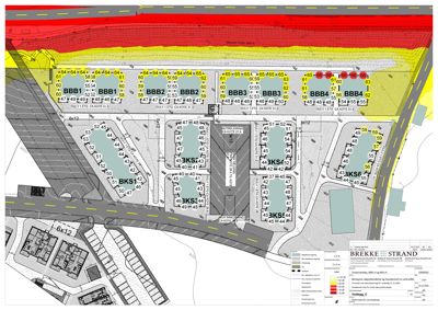 Situasjonsplan som viser tomtedeling, byggefelt (BKS1, BKS2, etc.), veier og vannkvalitetsoner (fargekodet).