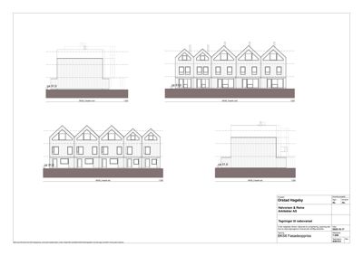 Fasadegrunnplan (opprikk) som viser bygningens utseende fra fire ulike vinkler (vest, øst, sør, nord).
