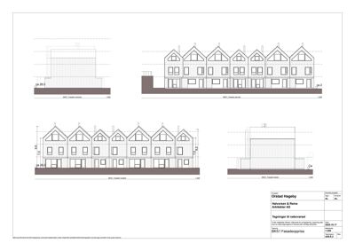 Fasadeoppriss (opprikk) som viser bygningens utseende fra fire ulike vinkler.