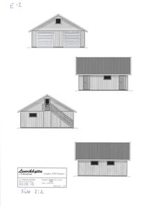 Fasadetegning som viser fire ulike sider av en garasje (E-2).