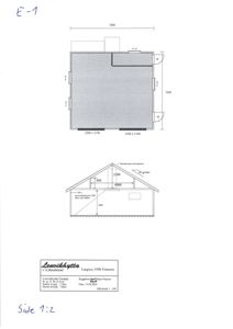Bildet viser en tegning med etasjeplan (E-1) og et snitt av en garasje. Tegningen inneholder mål, romfordeling og konstruksjonsdetaljer.