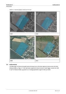 Historiske flyfoto (1959, 1965, 2008, 2021) av et område med overlagte blå polygoner som viser utvikling eller arealbruk over tid.
