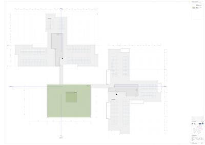 Etasjeplan som viser romfordeling, vegger og innredning for flere etasjer av en bygning.