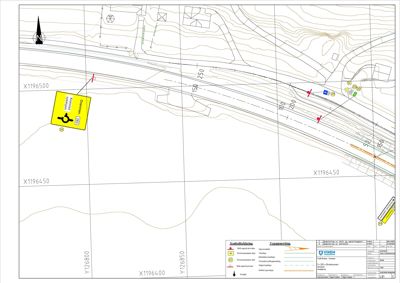 Situasjonsplan som viser topografi (konturlinjer), eksisterende infrastruktur (jernbane), og en planlagt bygning (Dinamoen) med tilhørende vegforhold.