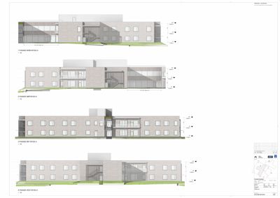 Bildet viser fire fasadetegninger (Nord, Sør, Øst, Vest) for en bygning, inkludert høydeangivelser og vindusoppsett.