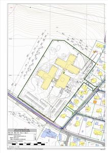 Situasjonsplan som viser tomtens form, omgivende infrastruktur (veier), nabobebyggelse og topografi.