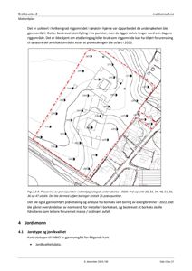Et kart som viser plassering av prøvepunkter (20, 33, 34, 48, 51, 35, 36 og 47) i et område med konturlinjer (høydekurver) og en rød prikket linje som markerer et tiltaksområde. Teksten under bildet bekrefter at det er en plassering av prøvepunkter ved miljøgeologisk undersøkelse.