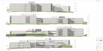 Bildet viser fire fasadetegninger (opprikk) av en bygning sett fra ulike sider: Sør, Vest, Øst og Nord.