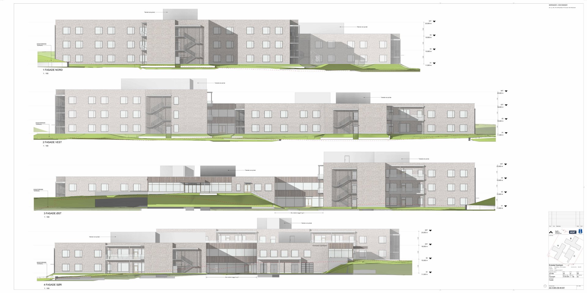 En serie med 3D-visualiseringer (renderinger) som viser fasadeoppsettet for fire ulike etasjer av en bygning.