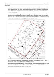 Kart over et byggeområde med topografi (høydekurver), plassering av borepunkter og en markert soner (rød prikket linje).