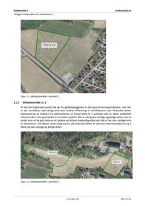 Satellittbilde (flyfoto) som viser to prioriterte områder for matjordplanlegging med overlagte polygoner og arealopplysninger.