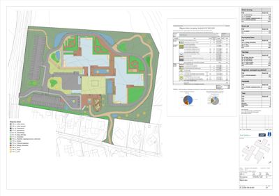 Situasjonsplan som viser bygningenes plassering på tomten, veier, parkeringsplasser og omgivelsene.