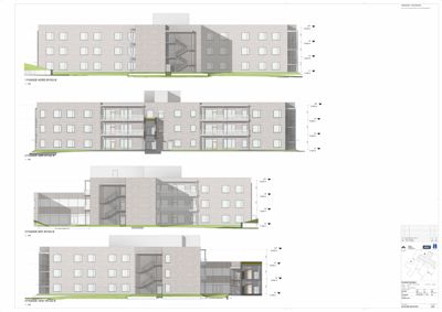 Fasadetegning som viser bygningens utseende fra fire ulike sider (Nord, Sør, Øst, Vest) med høydeangivelser.