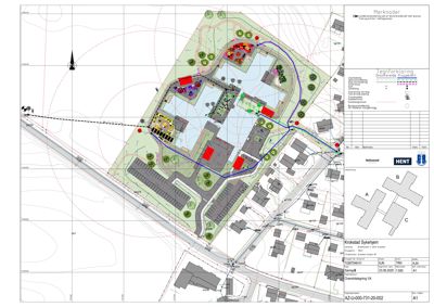 Situasjonsplan som viser bygningenes plassering i forhold til tomme, veier og nabolag.