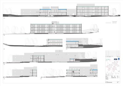 Bildet viser en samling fasadetegninger (opprikk) for en bygning sett fra ulike vinkler (f.eks. nord, øst, sør, vest).