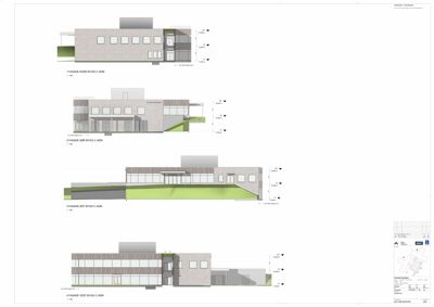 Fasadetegning som viser fire ulike vinkler (Nord, Sør, Øst og Vest) på en bygning med arkitektoniske detaljer.