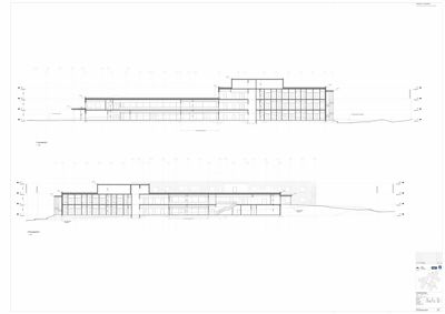 Snittegning som viser bygningens tverrsnitt, høyder og konstruksjon.