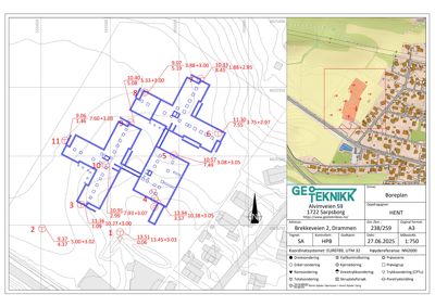 Situasjonsplan (boreplan) som viser bygningens plassering i forhold til terrenget, nabolag og soner.