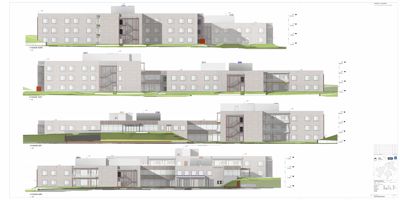 Bildet viser fire fasadetegninger (opprikk) av en bygning sett fra fire ulike sider: Sør, Vest, Øst og Nord. Tegningene illustrerer bygningens ytre utseende, volum og relasjon til terrenget.