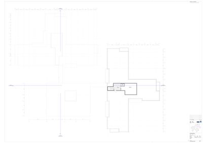 En tegning som viser romfordeling og veggkonfigurasjon for en etasje i en bygning.