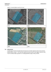 Historiske flyfoto (1959, 1965, 2008, 2021) som viser utviklingen av et område over tid. Bildene er brukt i en matjordplan for å dokumentere endringer i arealbruken.