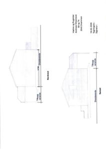 Fasadetegning som viser bygningens utseende sett fra nordvest og sørøst, med mål på tilbygging og eksisterende deler.