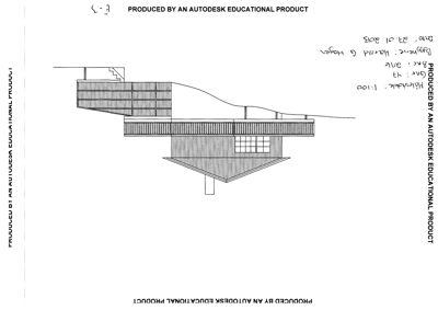 Fasadetegning (opprikk) av en bygning sett fra siden, med visuell fremstilling av fasade, balkong og trapp.