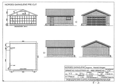 Fasadetegning for en garasje med oppriss fra flere vinkler (front, side, og detaljer).