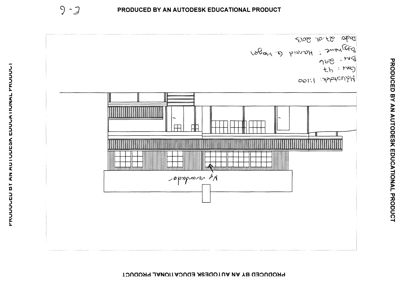 Fasadetegning av en bygning med håndskrevne notater om 'Ny veranda' og målsetning 1:100.