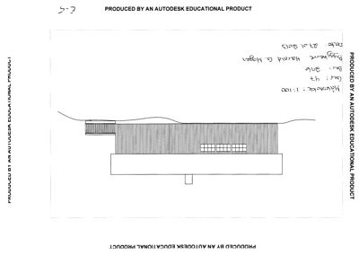 Fasadetegning som viser bygningens utseende fra siden, inkludert takform, vinduer og terrengforhold.