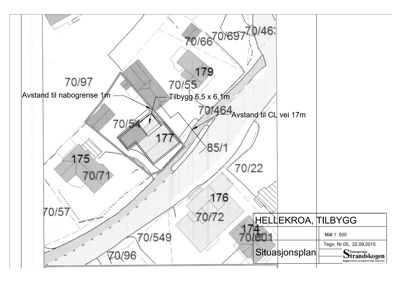 Situasjonsplan som viser tomtens plassering i forhold til naboer, veier og nabotomter (70/97, 70/54, etc.).