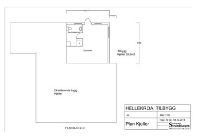 Plantegning av kjelleretasje som viser eksisterende bygg og tilbygg med romfordeling og mål.