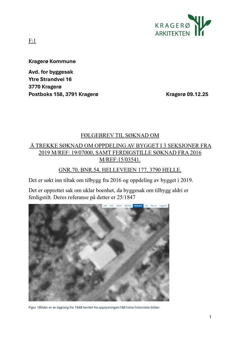 Et historisk flyfoto fra 1948 av en bygning på Helleveien 177, inkludert i et følgebrev fra Kragerø Arkitekten.