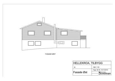 Tegning som viser fasaden mot øst for en bygning i Hellekroa.