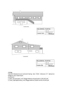 Bildet viser to fasadetegninger (Nord og Øst) for en tilbygg-sak, inkludert tegningsnummer og skala.